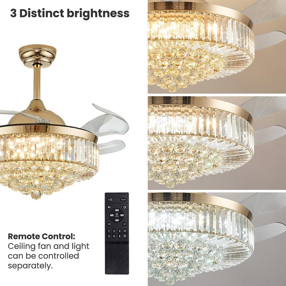 42-Inch Gold Crystal Retractable Ceiling Fan with LED Light and Remote