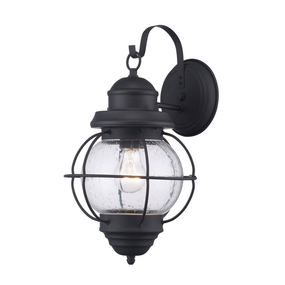 Bel Air Lighting Catalina 15 in. 1-Light Black Outdoor Wall Light Fixture with Seeded Glass