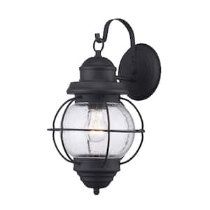 Catalina 15 in. 1-Light Black Outdoor Wall Light Fixture with Seeded Glass