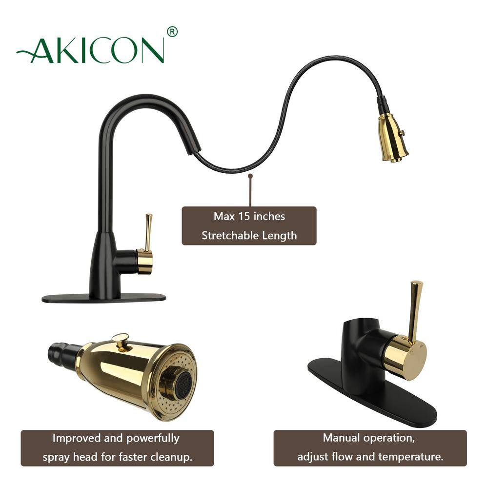 Matte Black and Gold Brass Kitchen Faucet with Pull Down Sprayer
