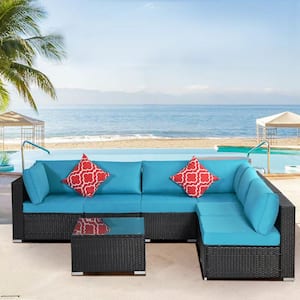 Black 7-Piece Wicker Outdoor Sectional with Blue Cushions
