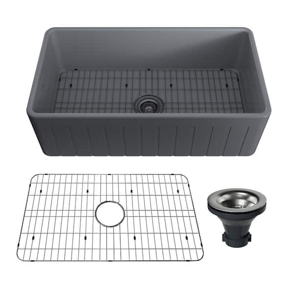 33 in. Farmhouse Apron Front Single Bowl Striped Design Matte Gray Fireclay Kitchen Sink with Drain Grid, Drain Assembly