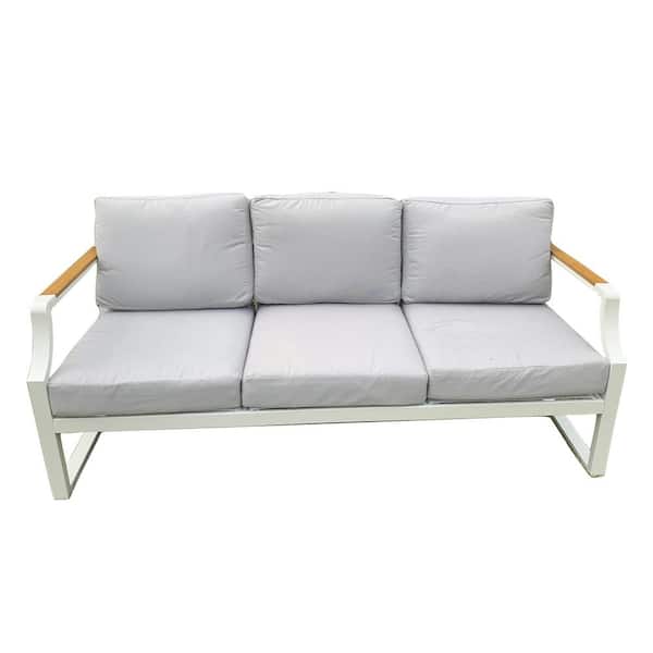 Elves White Aluminum Outdoor Patio 3-Seat Sofa With Gray Cushions
