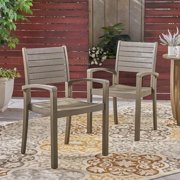 Gray Acacia Wood Outdoor Dining Chair Set of 2