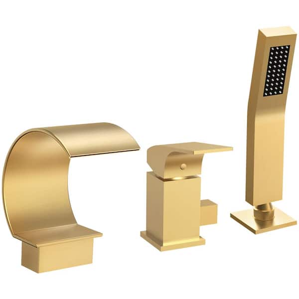 GRANDJOY Bathtub Faucet Single-Handle Deck Mount Roman Tub Faucet with Handheld in Brushed Gold Valve Included