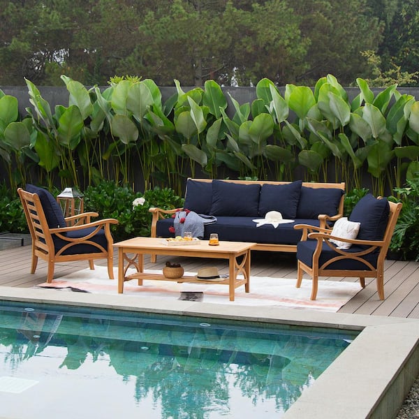 Cambridge Casual Cambridge Casual Abbington 4-Piece Teak Wood Patio Conversation Set with Navy Cushion