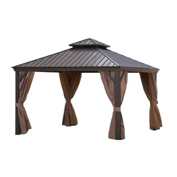 12 ft. x 12 ft. Bronze Hardtop Gazebo Outdoor Aluminum Patio Permanent Gazebo with Steel Canopy