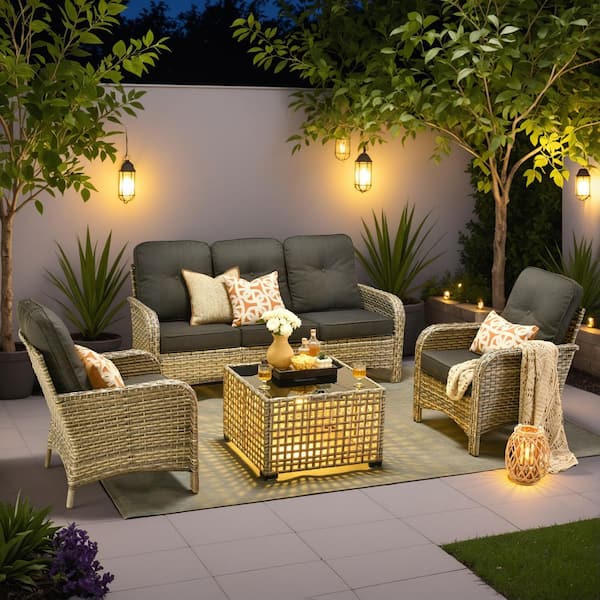 Vinceny Gray 4-Piece Wicker Patio Conversation Set with Black Cushions and Coffee Table