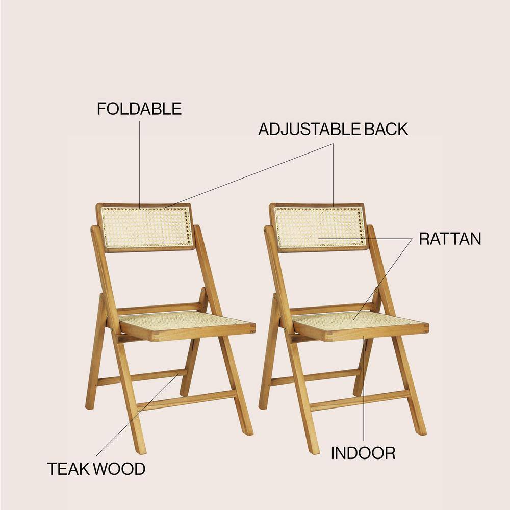 Theo Light Brown Wood and Rattan Folding Chairs, Set of 2