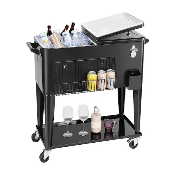 80 qt. Rolling Ice Chest, Holds 50 Bottles / 110 Cans, Portable Patio Party Bar Drink Cooler Cart, Beverage Pool, Black