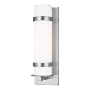 Alban Medium 1-Light Satin Aluminum Outdoor Wall Lantern Sconce With Round Etched Opal Glass Shade