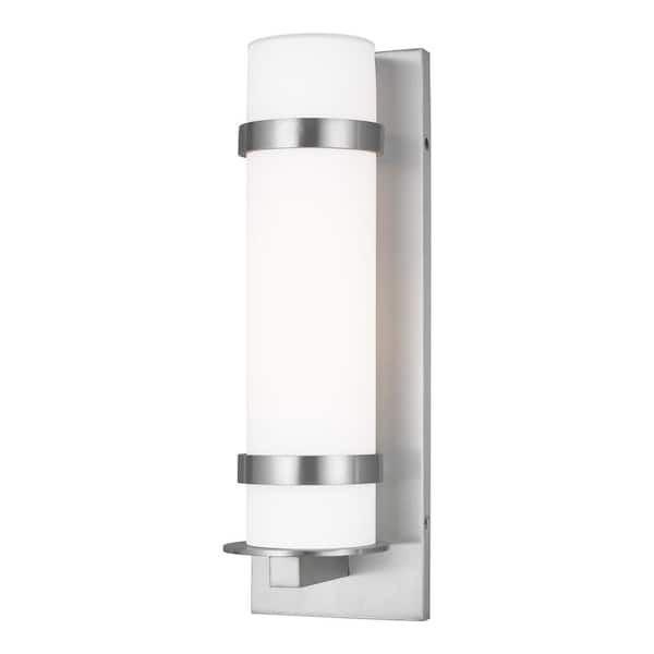 Generation Lighting Alban Medium 1-Light Satin Aluminum Outdoor Wall Lantern Sconce With Round Etched Opal Glass Shade