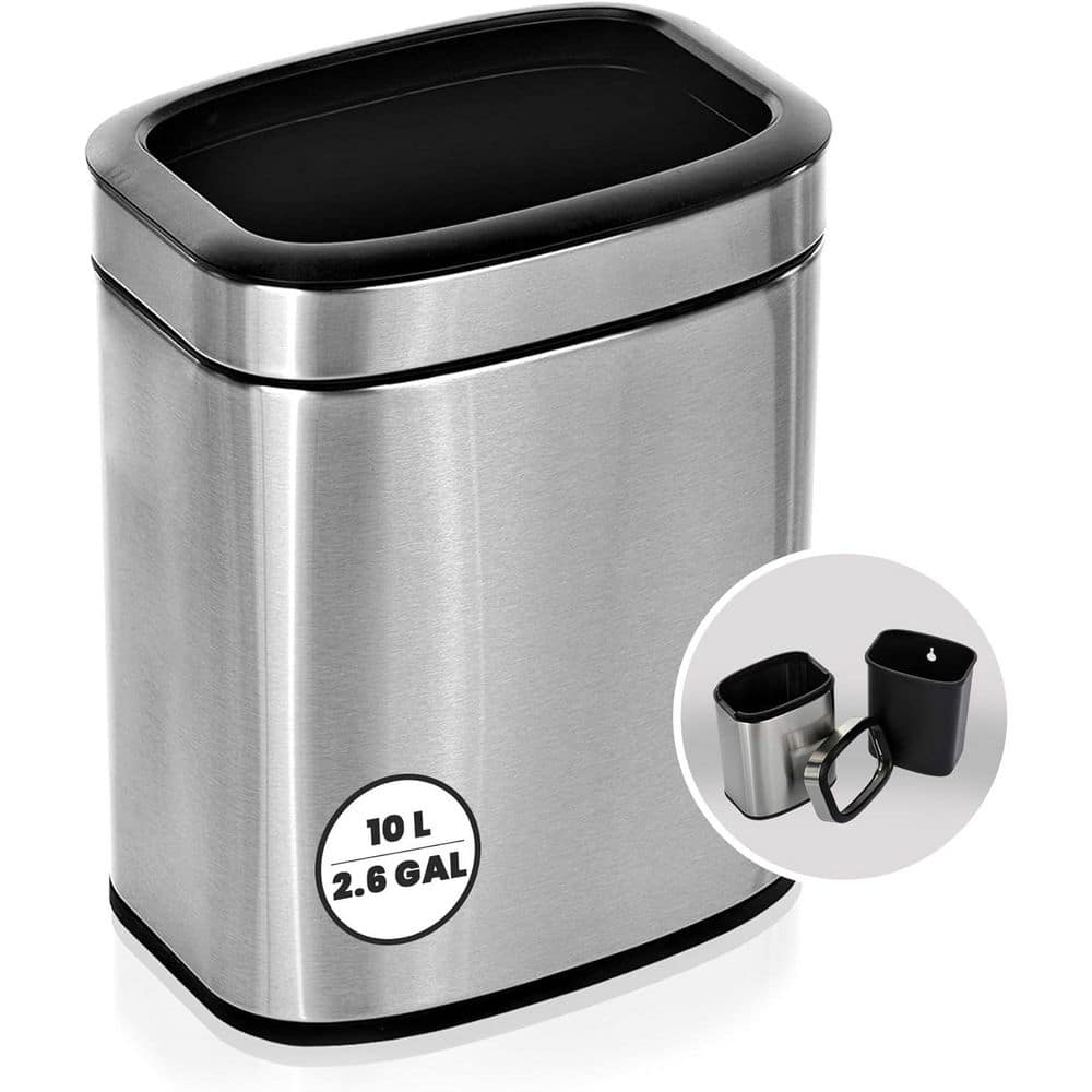 Stainless Steel Rectangular Open Top Trash Can with Liner, 2.6 Gallon