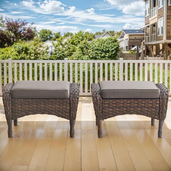 Brown Wicker Outdoor Ottoman with Gray Cushions (2-Pack)