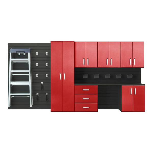 Flow Wall Modular Wall Mounted Garage Cabinet Storage Set with Workstation and Accessories in Black/Red Carbon Fiber (7-Piece)