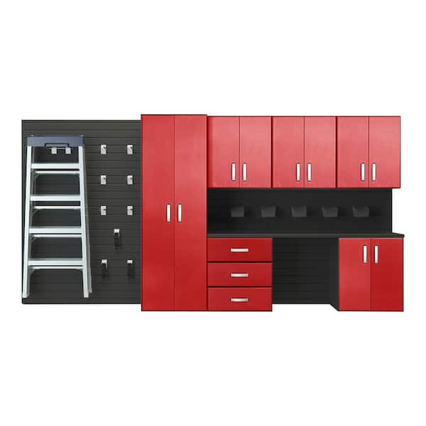 Flow Wall Modular Wall Mounted Garage Cabinet Storage Set with Workstation and Accessories in Black/Red Carbon Fiber (7-Piece)