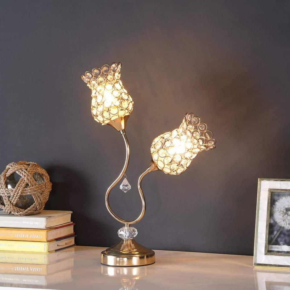 18 in. Rose Gold 2-Light Floral Trumpet Table Lamp, Glamorous Accent Lighting for Study Room, Bedroom and Dressing Area price history on PriceWatchPro