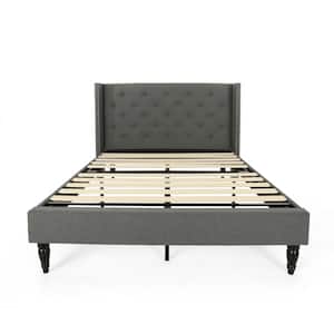 Roz Traditional Queen-Size Charcoal Fully Upholstered Bed Frame with Button Tufting and Nailhead Accents