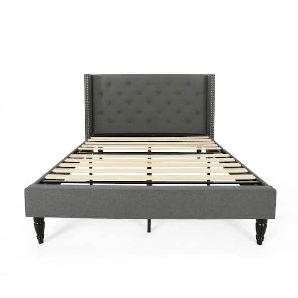 Noble House Roz Traditional Queen-Size Charcoal Fully Upholstered Bed Frame with Button Tufting and Nailhead Accents