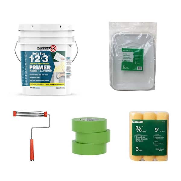 5 Gal. Primer, 9 in. Tray Liner (10-Pk), Frame, 1.41 in. Tape (3-Pk), 9 in. Roller Cover (3-Pk)