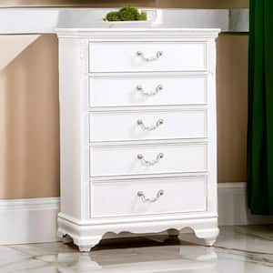 White and Nickel 5-Drawers 34 in. Dresser Without Mirror