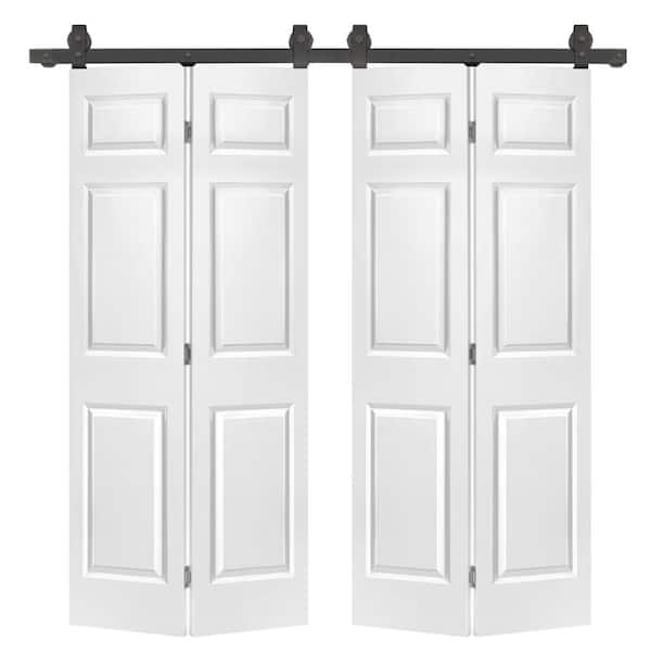 72 in. x 84 in. 6 Panel Hollow Core Primed White MDF Composite Double Bi-Fold Barn Door with Sliding Hardware Kit