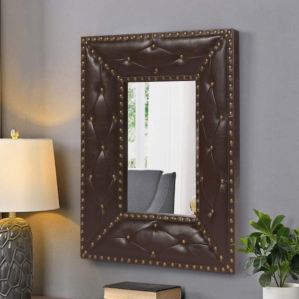 26 in. H x 21 in. W Modern Rectangle Faux Leather Covered MDF Framed Brown Rivet Decoration Mirror