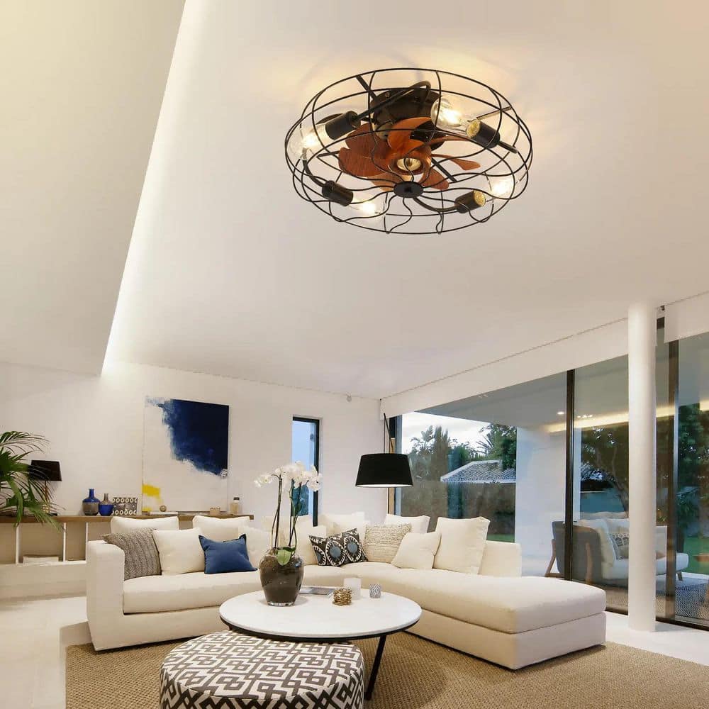 20 in. Indoor Black with Brown Blade Flush Mount Ceiling Fan with Cage and Reversible DC Motor, Remote Control price history on PriceWatchPro