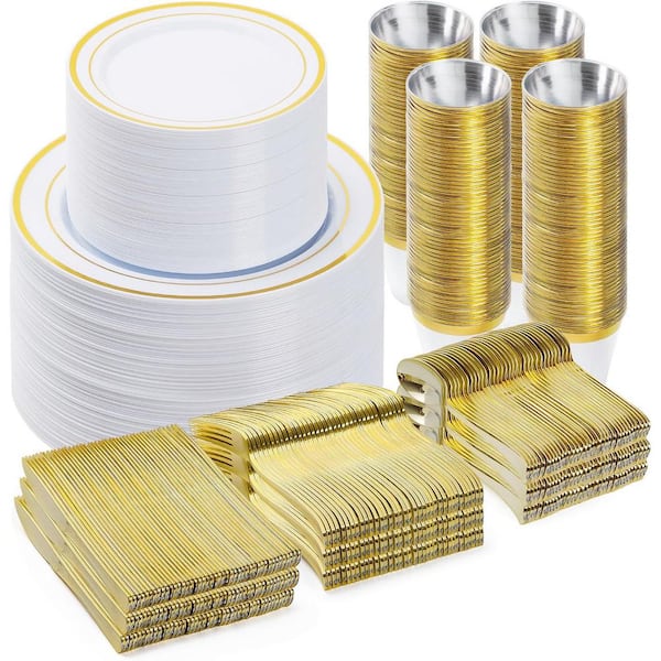 Gold Disposable Dinnerware Set for 100-Guests, 600-Piece Plastic Plates, Cups, Cutlery