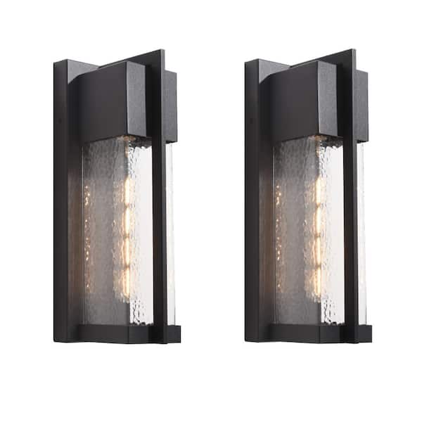 Maxax Montpelier Black/Sand Black 13 in. H Hardwired Water Glass Outdoor Wall Lantern Sconce with Dusk to Dawn (Set of 2)