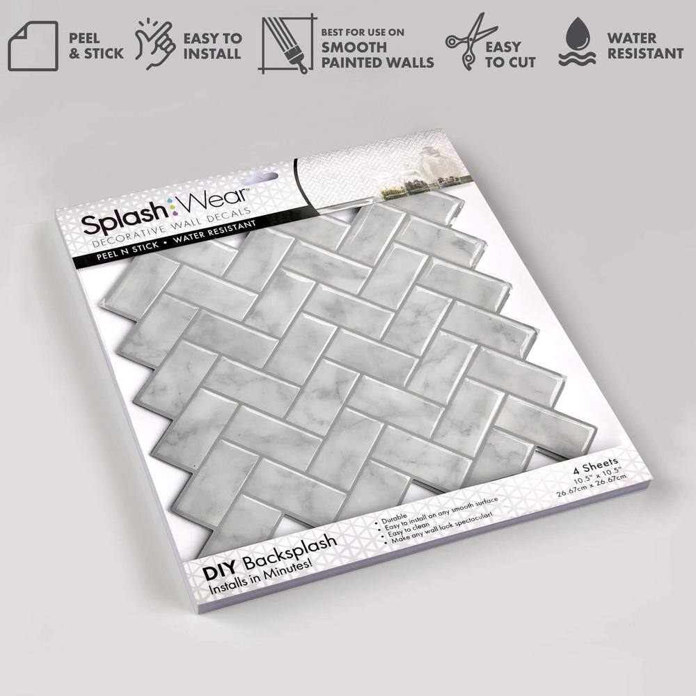 10.5" x 10.5" White Marble Herringbone Vinyl Peel and Stick Backsplash Tiles
