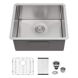23 in. x 18 in. Undermount Single Bowl 16-Gauge Stainless Steel Kitchen Bar Sink with Strainer and Bottom Grid