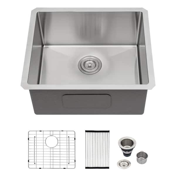 Logmey 23 in. x 18 in. Undermount Single Bowl 16-Gauge Stainless Steel Kitchen Bar Sink with Strainer and Bottom Grid