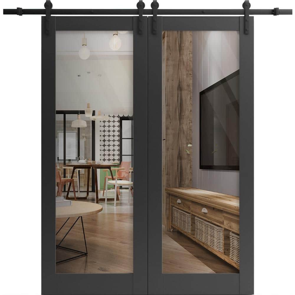 28 in. x 80 in. 2 Panel Clear Glass Black Matte Solid Wood Sliding Barn Door with Hardware Kit price history on PriceWatchPro