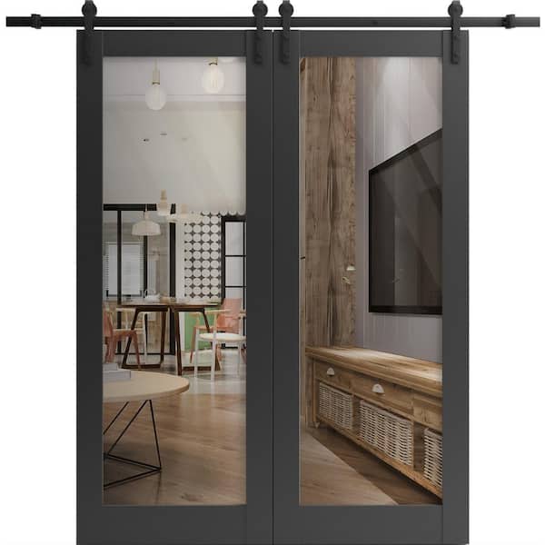 28 in. x 84 in. 2 Panel Clear Glass Black Matte Solid Wood Sliding Barn Door with Hardware Kit