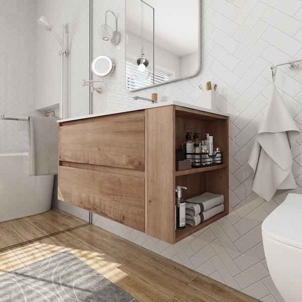 35.60 in. W x 18.10 in. D x 19.40 in. H Floating Bath Vanity in Imitative Oak with 1-White Sink Acrylic Top