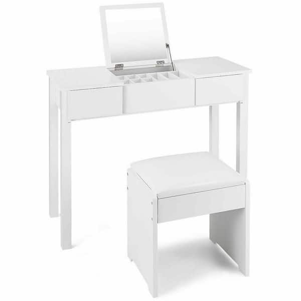 Costway 2 Piece White Vanity Dressing Table Set Mirrored Bedroom Furniture With Stool And Storage Box Hw53894wh The Home Depot