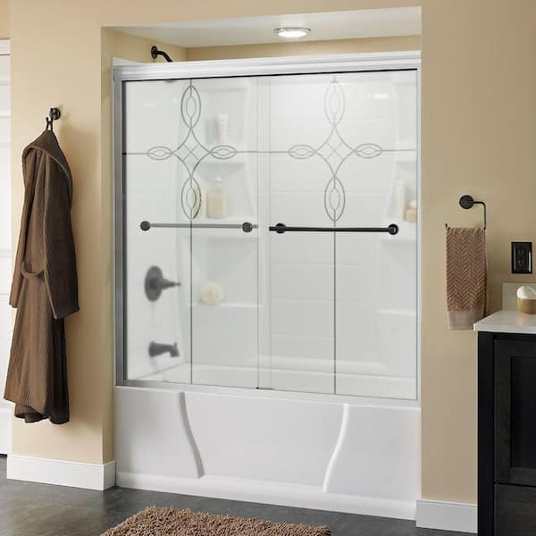 Delta Lyndall 60 in. x 58-1/8 in. Semi-Frameless Traditional Sliding Bathtub Door in White and Bronze with Tranquility Glass
