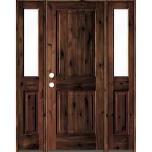 58 in. x 80 in. Rustic Alder Square Top Red Mahogany Stained Wood with V-Groove Right Hand Single Prehung Front Door