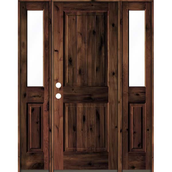 Krosswood Doors 60 in. x 80 in. Rustic Alder Square Top Red Mahogany Stained Wood with V-Groove Right Hand Single Prehung Front Door