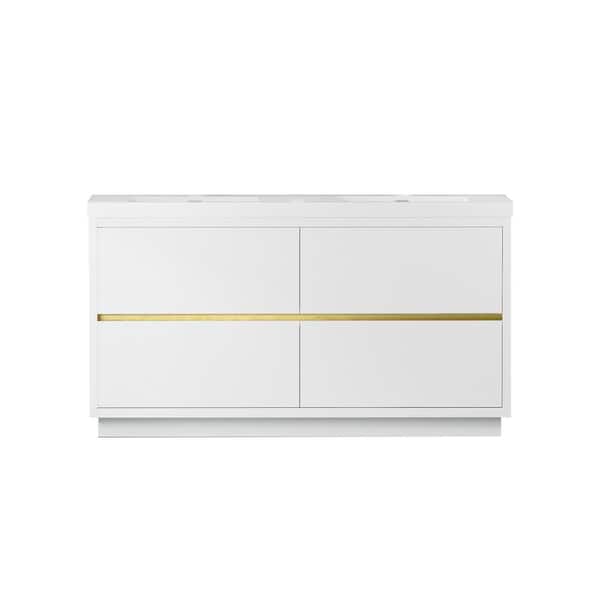 Boosicavelly 60 in. W x 20 in. D x 35 in. H Double Sink Freestanding Bath Vanity in Glossy White with White Solid Surface Top