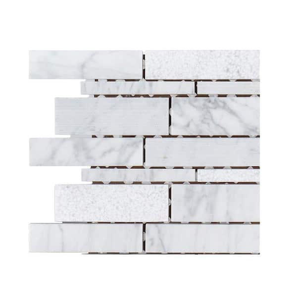 Jeffrey Court Take Home Tile Sample - Restful Sea White 4.5 in. x 4.5 in. Interlocking Textured Marble Mosaic