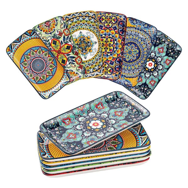 Bohemian, Multi-Colored, Microwave Oven Dishwasher Safe, 10 in. Rectangular Ceramic Dinner Plates, Set of 6
