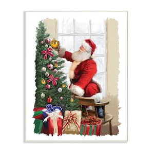 10 in. x 15 in. "Holiday Santa Decorating Christmas Tree with Gifts Painting" by Artist P.S. Art Wood Wall Art