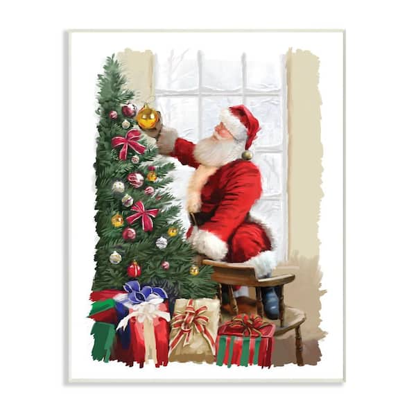 Stupell Industries 10 in. x 15 in. "Holiday Santa Decorating Christmas Tree with Gifts Painting" by Artist P.S. Art Wood Wall Art