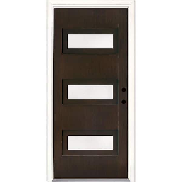 Feather River Doors 3-Lite 36 in. x 80 in. Left Hand Inswing Modern Frosted Teak Stained Cocoa Fiberglass Prehung Front Door