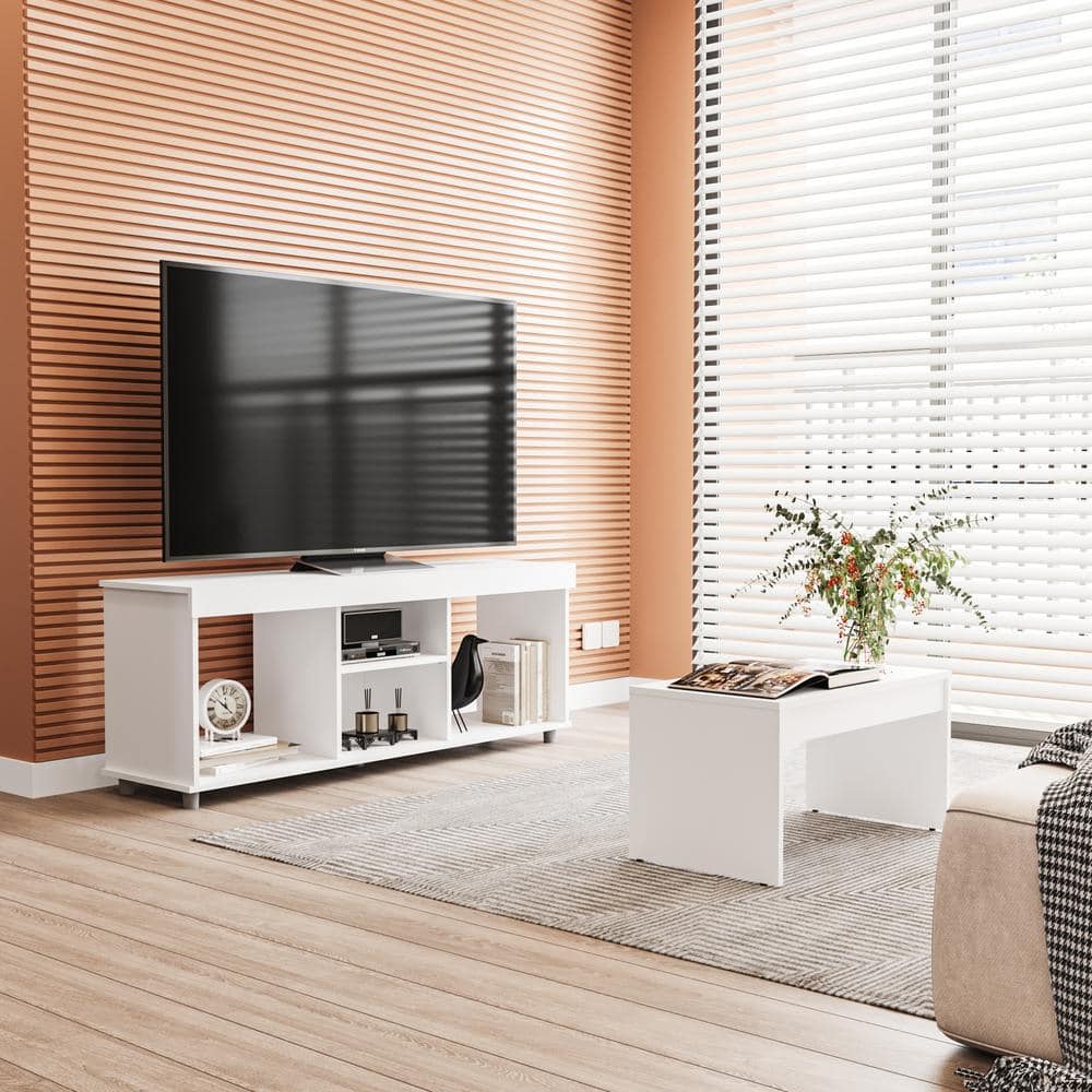White Engineered Wood TV Stand and Coffee Table Set