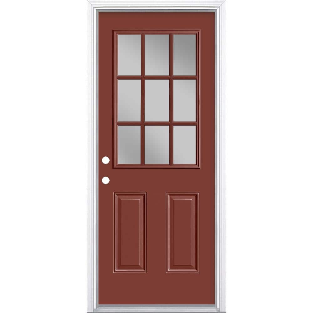 32 in. x 80 in. 9 Lite Right-Hand Inswing Painted Steel Prehung Front Exterior Door with Brickmold