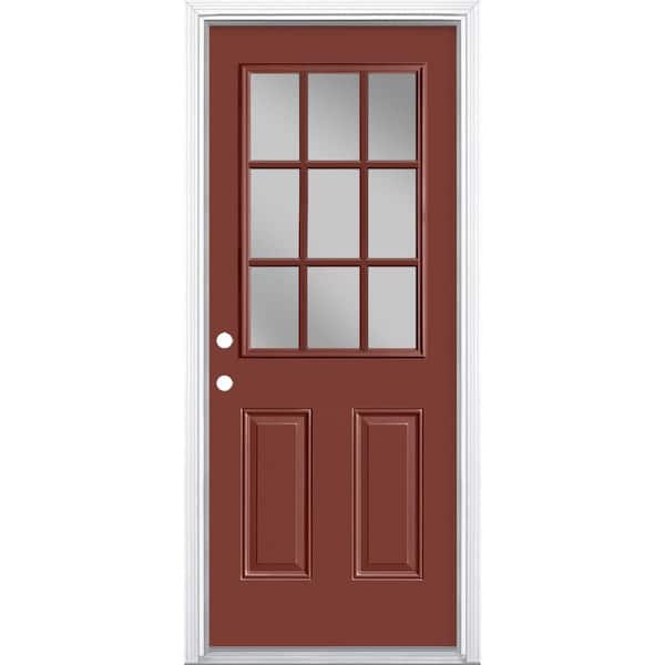 32 in. x 80 in. 9 Lite Right-Hand Inswing Painted Steel Prehung Front Exterior Door with Brickmold