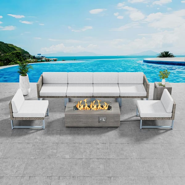 eVita Brown Rattan Wicker 6 Seat 8-Piece Steel Outdoor Fire Pit Patio Set with Beige Cushions and Rectangular Fire Pit Table